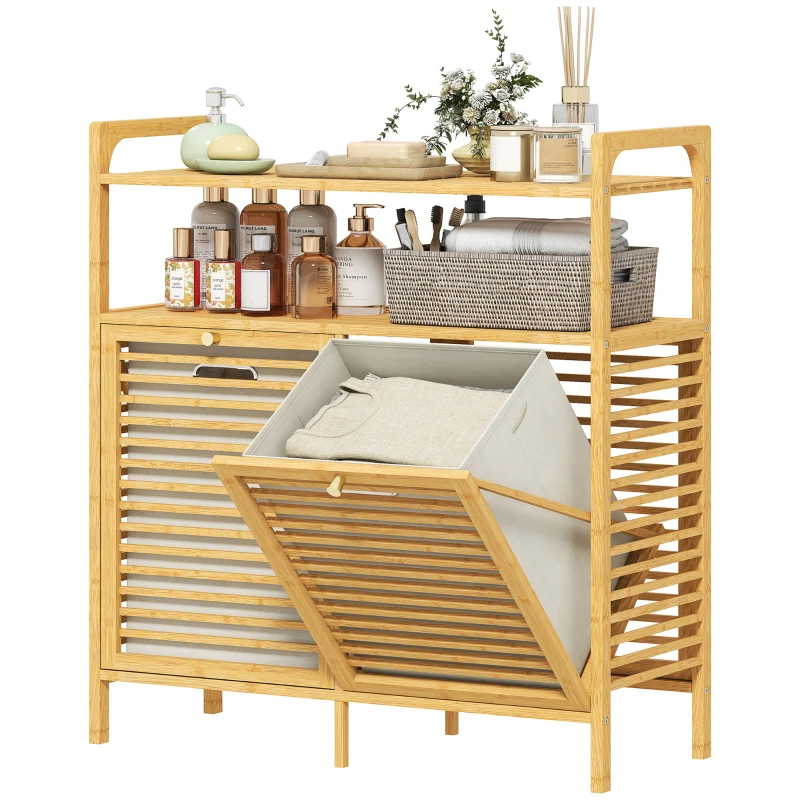 HOMCOM Tilt Out Laundry Hamper, Bamboo Laundry Cabinet with 2 Removable Baskets and 2-Tier Shelves for Laundry Room, Natural