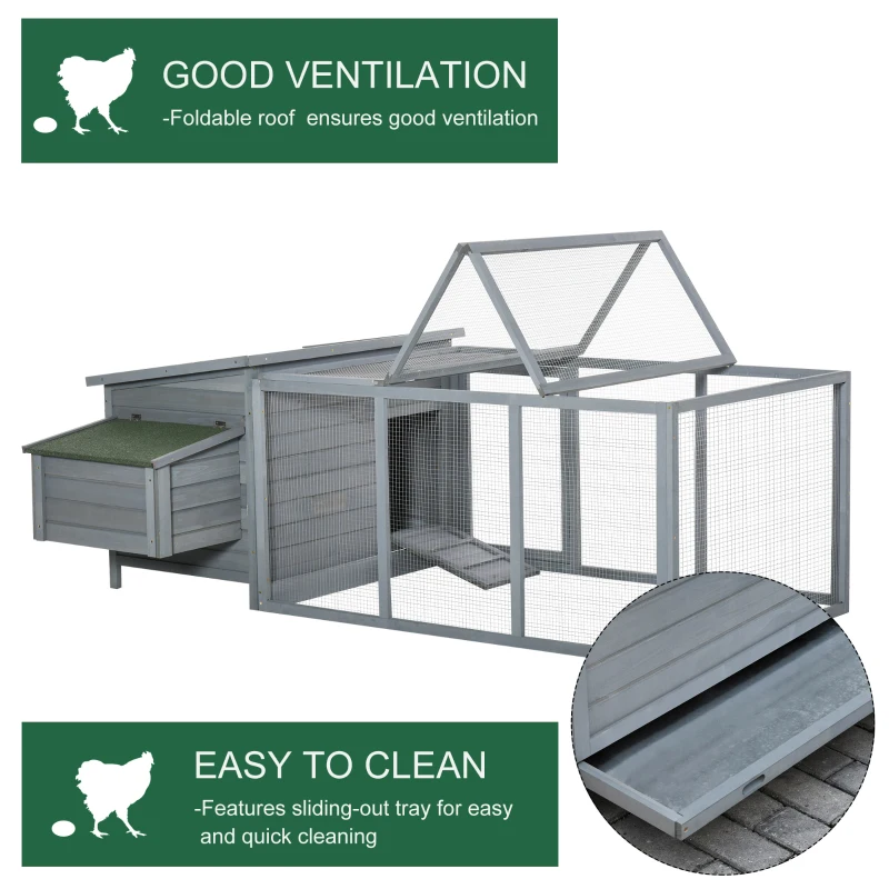 PawHut 88" Large Wooden Chicken Coop Outdoor Hen House Poultry Cage Pen Backyard with Run, Nesting Box, Waterproof Roof and Removable Tray, Gray