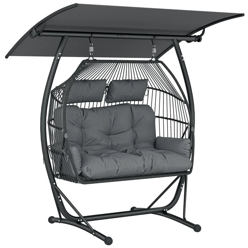 Outsunny Hanging Double Egg Chair Outdoor Egg Swing Chair with Canopy, Cushion, Stand, Dark Grey