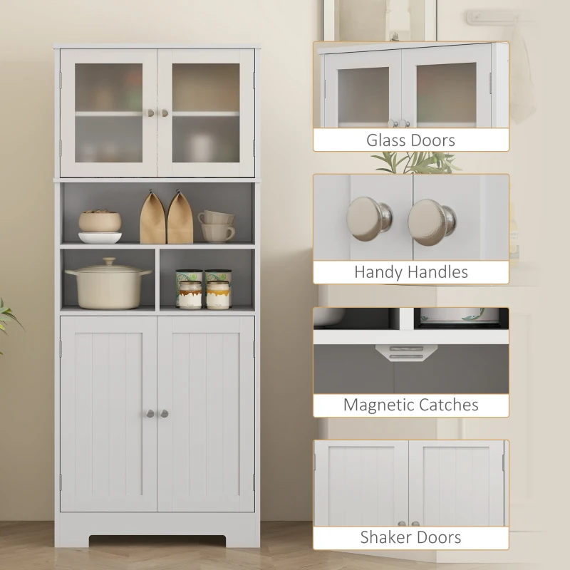 HOMCOM 57" Kitchen Pantry, Freestanding Pantry Storage Cabinet with Glass Doors, Adjustable Shelves, Open Compartments, White