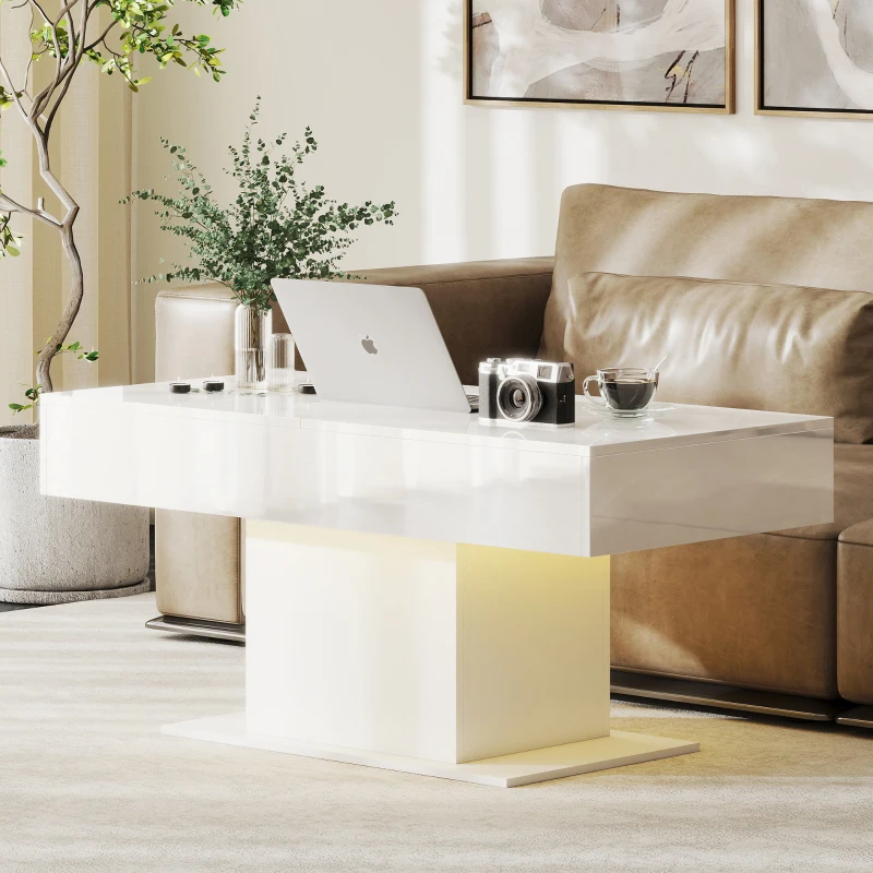 HOMCOM Extendable Coffee Table with LED Lights, Modern High Gloss Center Table with Hidden Storage for Living Room, White