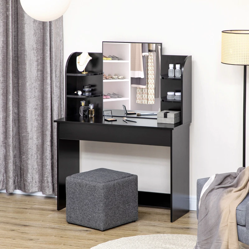 HOMCOM Vanity Desk with Mirror, Makeup Vanity with Open Shelves and Drawer, Dressing Table for Bedroom, Black