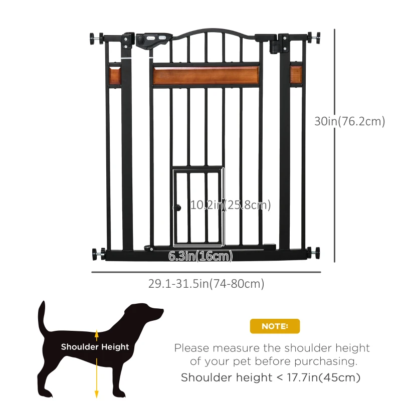 PawHut 29.1''-31.5'' Extra Wide Dog Gate with Cat Door, 30"H Stair Gate with Extension, Wall Cups, Pressure Fit, Auto Close, Double Locking, for Doorways, Hallways, Stairs, Black
