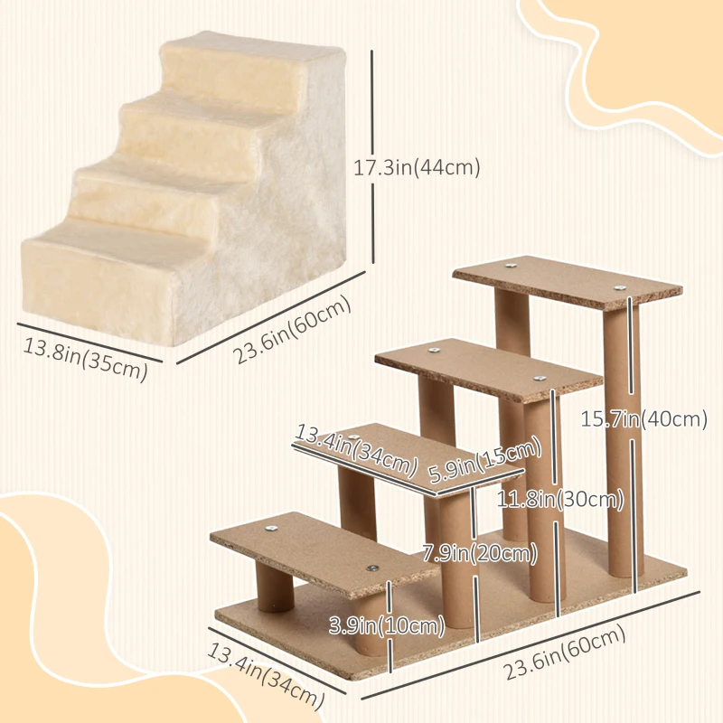 PawHut 4-Step Dog Ramp for Sofa, Bed, and Couch, with Removable Cover, Beige