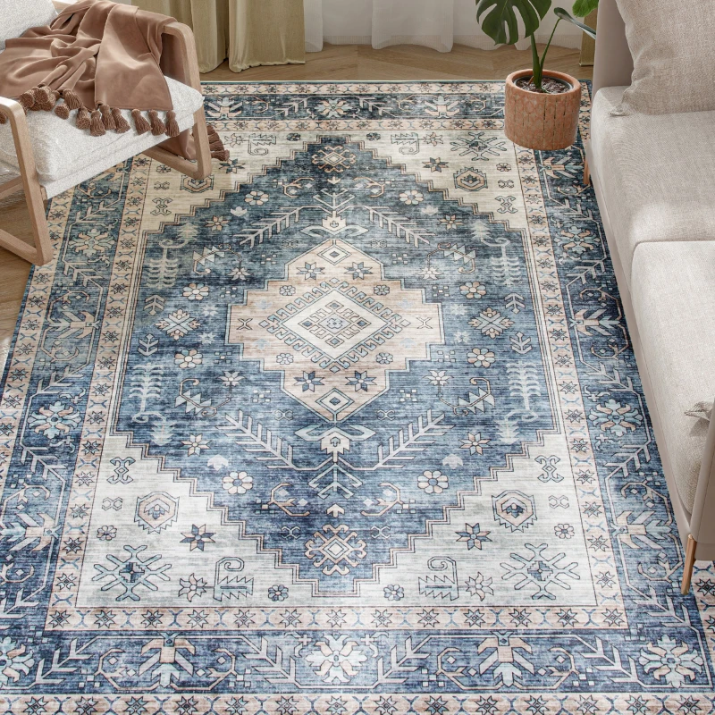 HOMCOM 8x10 Area Rug, Vintage Machine Washable Rug, Non-Slip Floor Carpet for Living Room, Bedroom, Dining Room, Blue