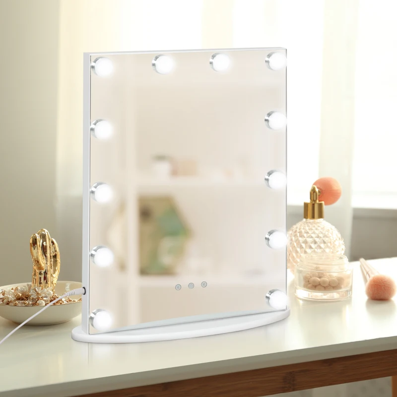 HOMCOM, Hollywood Lighted Makeup Mirror with 12 Dimmable LED Bulbs, 3 Color Lighting Modes, Touch Control Design for Cosmetic Dressing Table, White