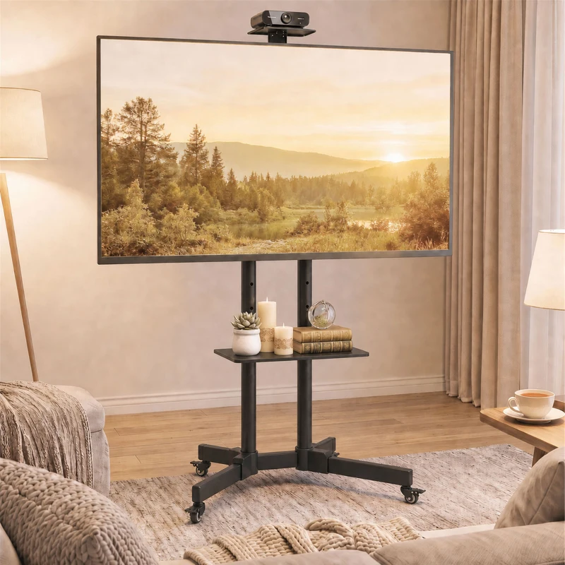 HOMCOM Rolling TV Stand for 32-75 Inch Screens, Mobile TV Stand with Tilt, Height Adjustable, Locking Wheels, Black