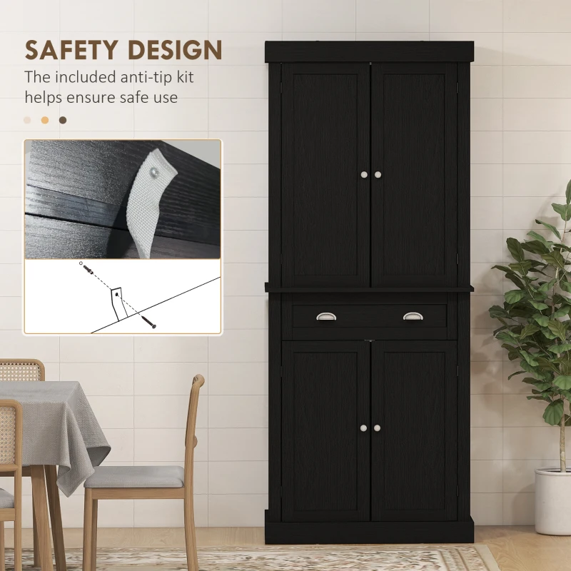HOMCOM 72" Tall Pantry Cabinet, Kitchen Storage Cabinet with 4 Doors, Drawer and 2 Adjustable Shelves, Black Wood Grain