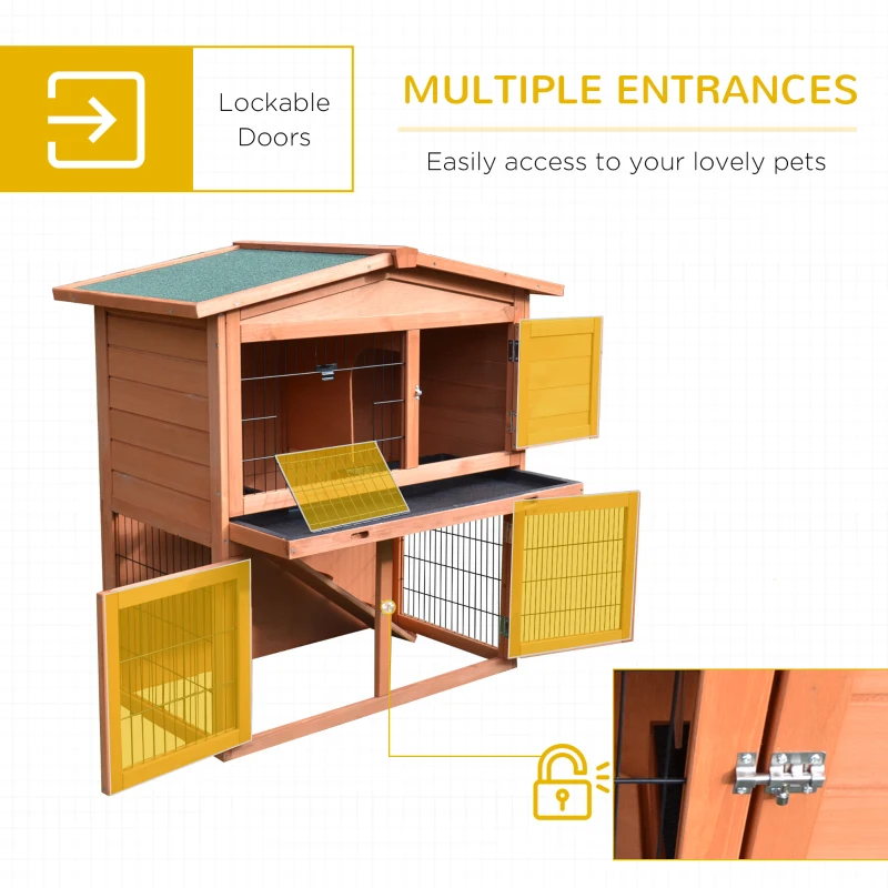 PawHut 40" Wooden Rabbit Hutch Bunny Cage Small Animal House with No Leak Tray, Ramp, Weatherproof Roof for Outdoor