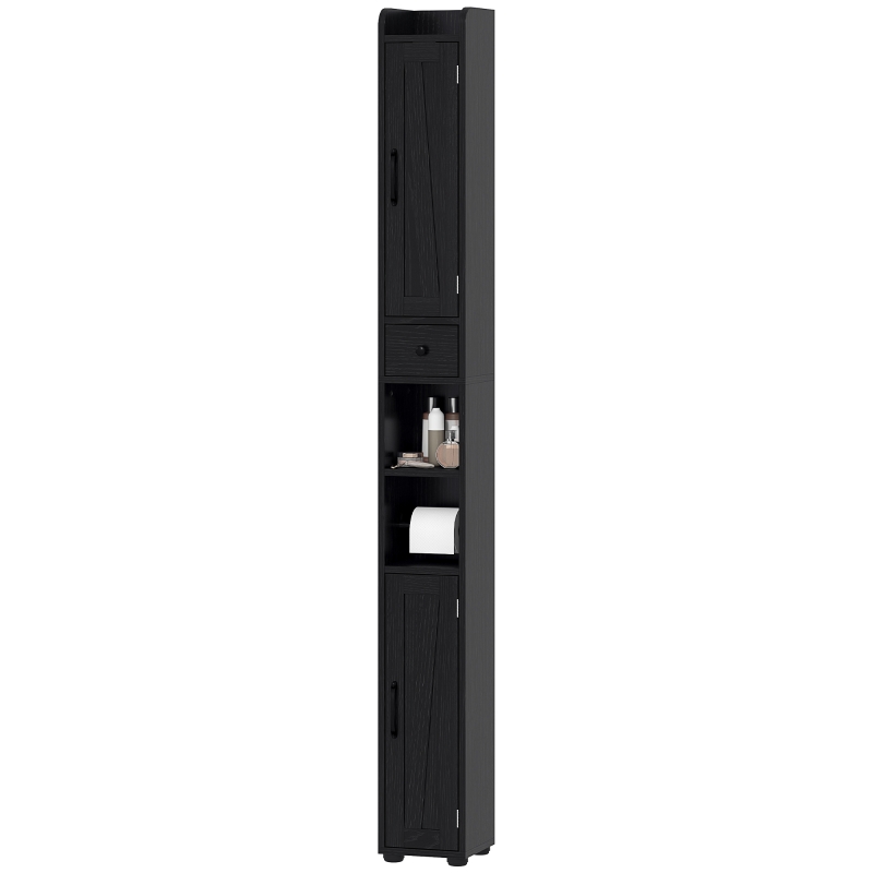 HOMCOM Narrow Bathroom Cabinet, Tall Bathroom Storage Cabinet with Barn Doors, Drawer and Adjustable Shelves, Black Wood Grain