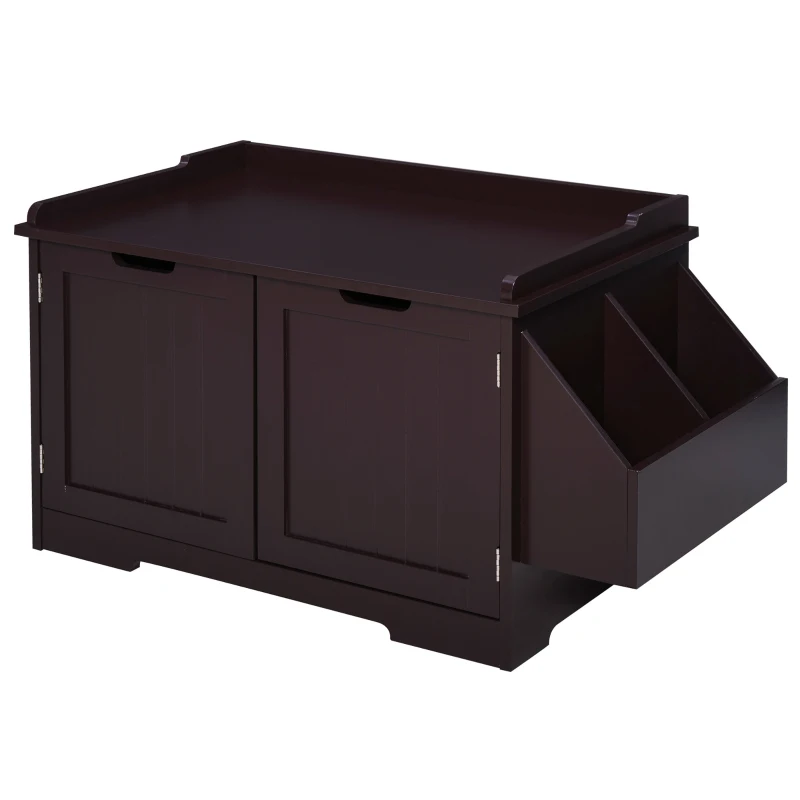 PawHut Wooden Cat Litter Box Enclosure, Hidden Cat Washroom, Kitten House with Nightstand End Table and Storage Rack Magnetic Doors, Brown