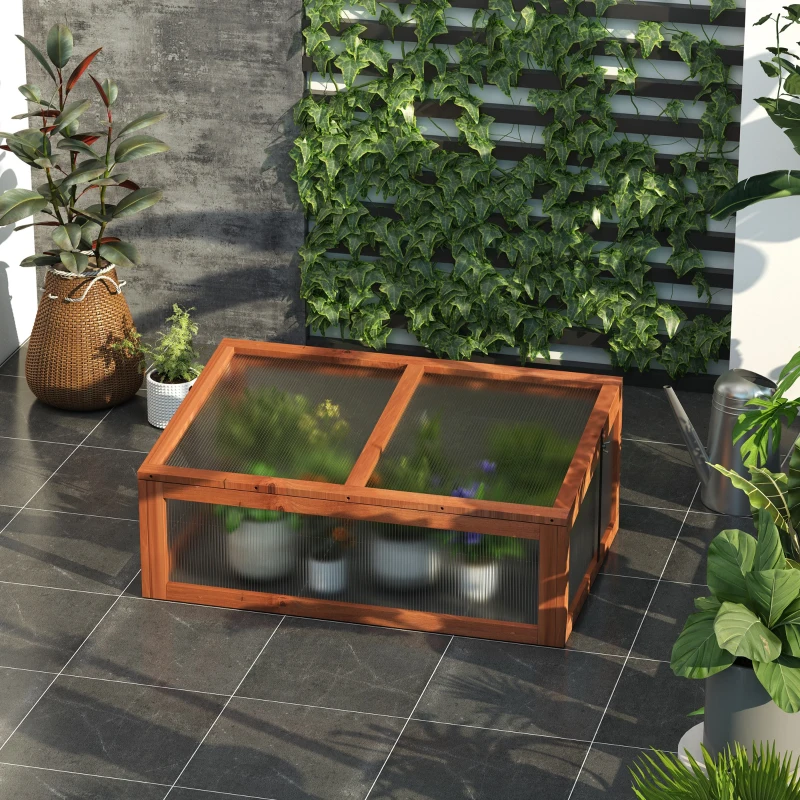 Outsunny 39" x 26" x 16" Wooden Cold Frame with Openable and Tilted Top Cover, Small Polycarbonate Planter Box for Flowers, Vegetables, Plants, Brown