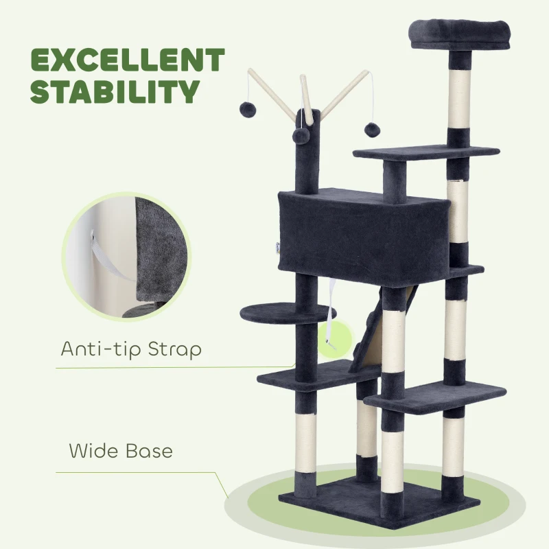PawHut 59 Inch Large Cat Tree with Sisal Scratching Posts, Cozy Condo, Top Perch, Ladder and Interactive Balls, Dark Grey