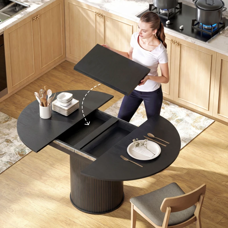 HOMCOM Extendable Kitchen Table for 6-8, 43.5"-59" Farmhouse Dining Table with Pedestal Base Black Wood Grain