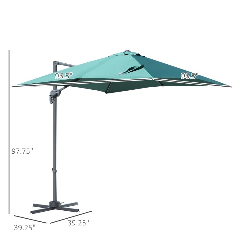 Outsunny 8' x 8' Square Patio Hanging Offset Umbrella Aluminum Outdoor Cantilever Crank Market Parasol Garden Sun Canopy Shelter 360° Rotation w/Cross Base Green