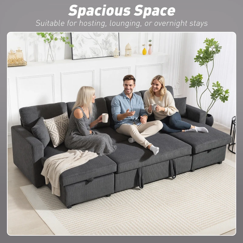 HOMCOM Convertible Sofa Bed, Corduroy U-Shaped Sleeper Sofa Couch with Storage Chaise, Pillows, Spring, Futon Couch, Grey