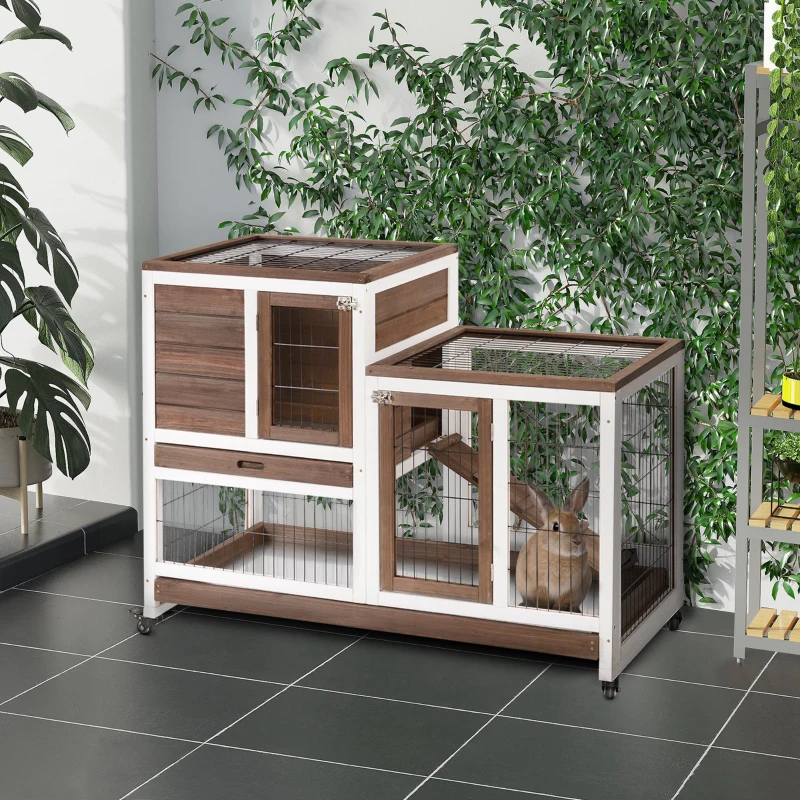 PawHut Wooden Rabbit Hutch Elevated Bunny Cage Indoor Small Animal Habitat with Enclosed Run with Wheels, Ramp, Brown