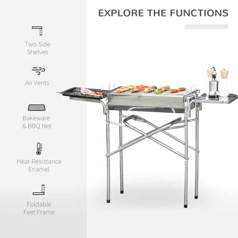 Outsunny Portable Outdoor Charcoal BBQ Grill Kebab Barbecue Charcoal Stainless Steel Smoker Camping Cooking