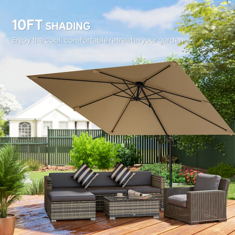 Outsunny 10 FT Cantilever Patio Umbrella, Square Patio Umbrella with Crank Handle, Cross Base and Tilt, 360° Rotation