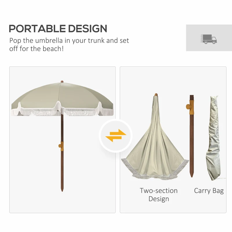 Outsunny 6.2' Beach Umbrella for Travel, Ruffles, Carry Bag, Portable Outdoor Umbrella for Garden, Light Green