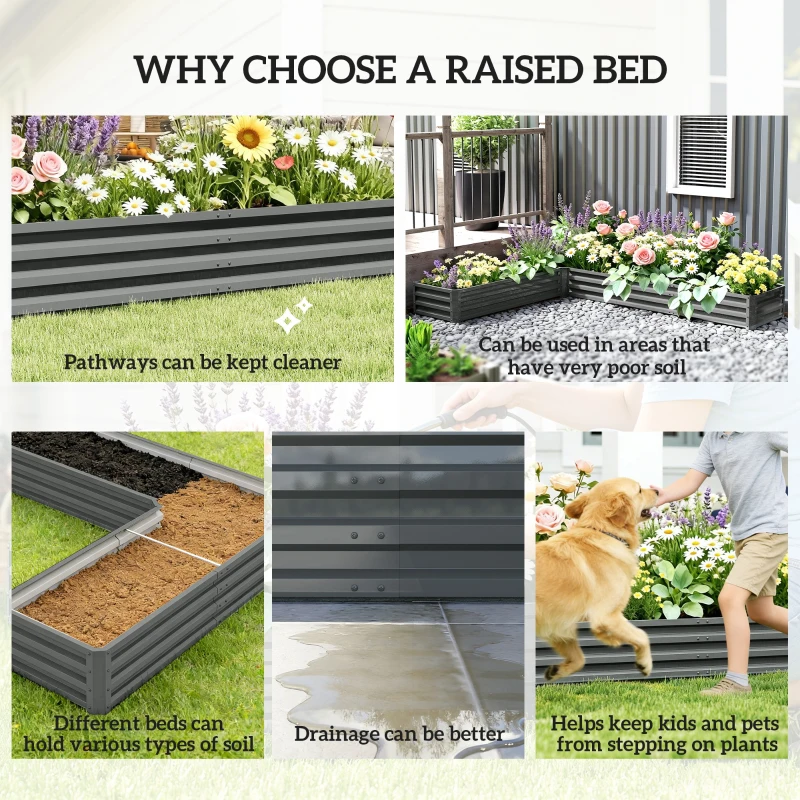 Outsunny L-Shaped Raised Garden Bed, 82" x 109" x 12" Galvanized Steel Planter Box with Multi-reinforced Rods for Vegetables, Flowers and Herbs, Light Grey