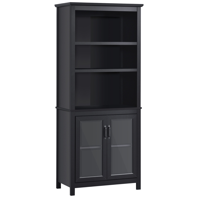 HOMCOM 3-Tier Multifunctional Bookcase, Storage Bookshelf, Display Shelves with Glass Doors, Open Compartments and Adjustable Shelves for Home Office, Living Room, Study, Black