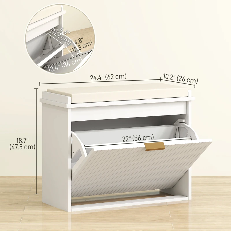 HOMCOM Entryway Bench with Padded Seat and Flip-Drawers, Holds up to 265lbs, Shoe Storage Bench for 6 Pairs of Shoes, White