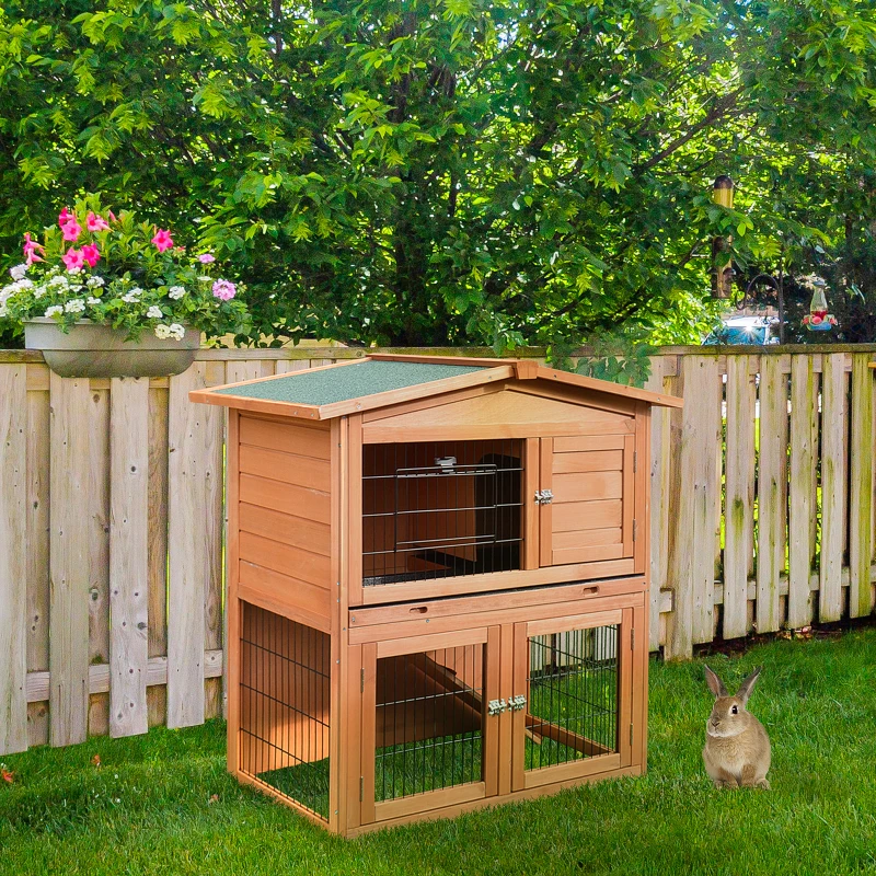 PawHut 40" Wooden Rabbit Hutch Bunny Cage Small Animal House with No Leak Tray, Ramp, Weatherproof Roof for Outdoor