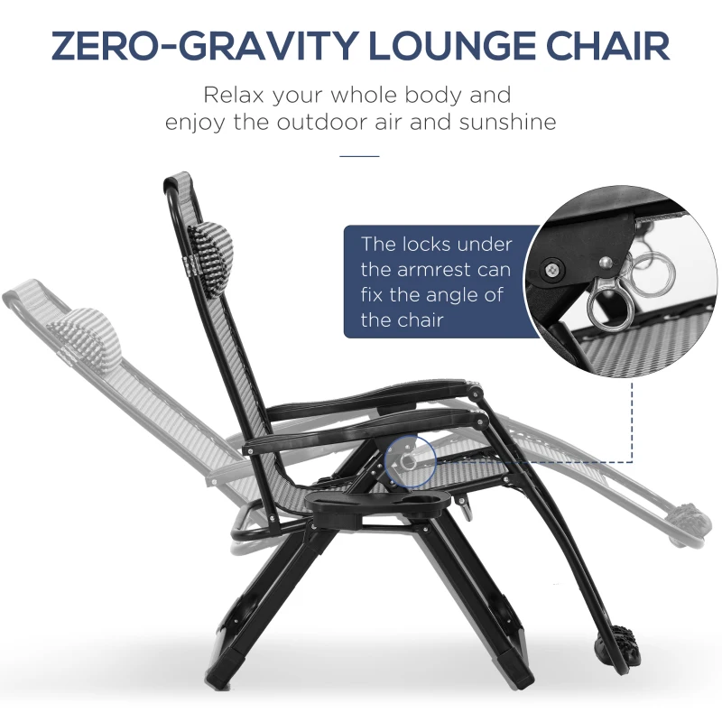 Outsunny 3 Pieces Foldable Patio Lounge Chair, Zero Gravity Chair Set of 2 with Side Table and Cup Holder, Reclining Chairs with Foot Massager Function, Headrest, Grey and Black
