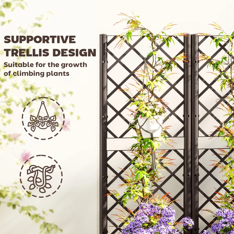 Outsunny Raised Garden Bed with Trellis, Plastic Raised Flower Bed with Drainage Holes and Drain Plugs