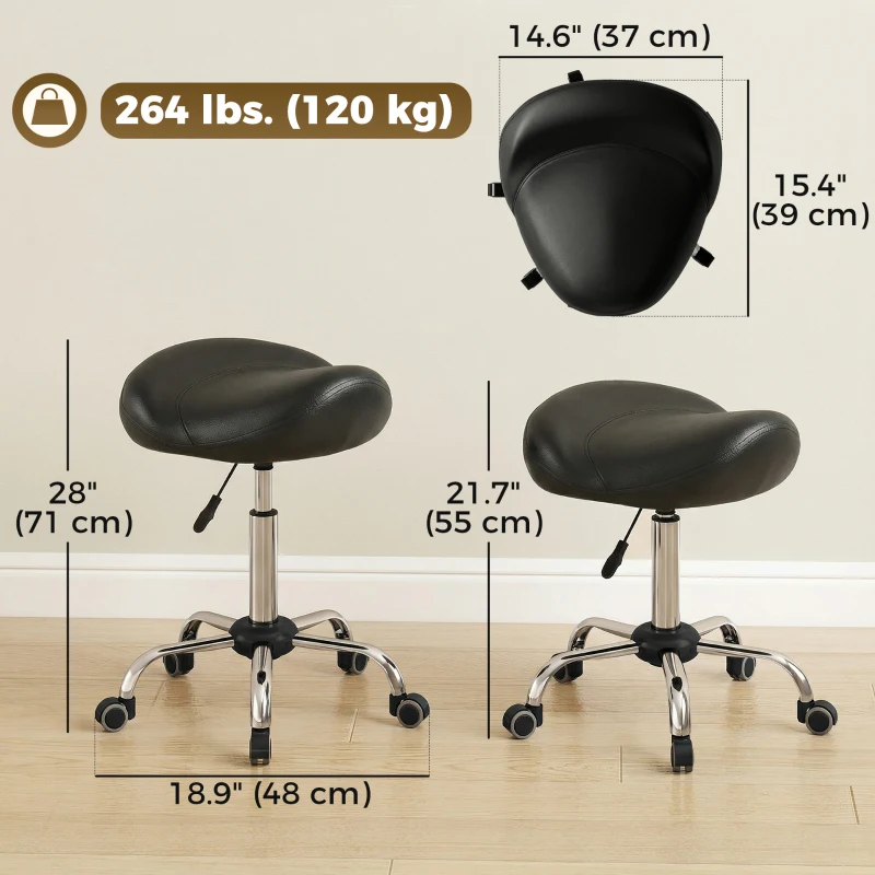 HOMCOM Ergonomic Saddle Stool with Wheels, Adjustable PU Leather Saddle Chair, 360° Swivel, NO Back Pain, Healthy Posture, Salon Chair for Massage Medical Home, Black