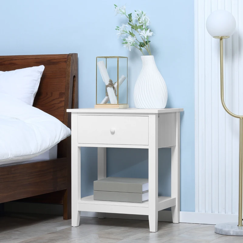 HOMCOM Modern Style Nightstand, Small End Table with Drawer and Storage Shelf for Bedroom, Living Room, White
