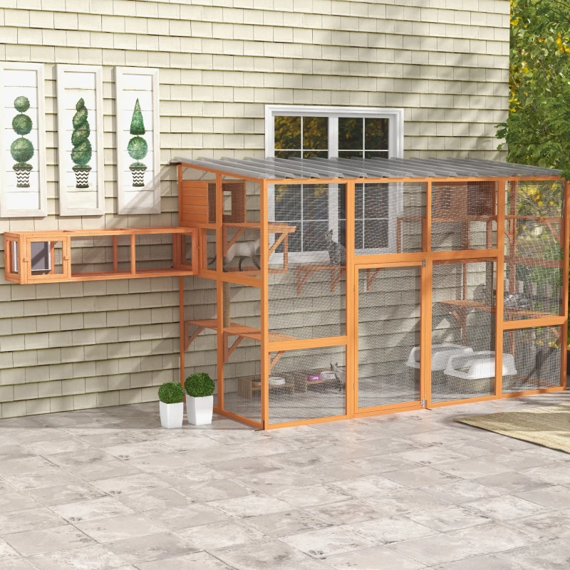 PawHut Outdoor Cat Tunnel with Extendable Design, 59" L Wooden Cat Run with Weather Protection, Connecting Inside and Outside, for Deck Patios, Balconies, Orange