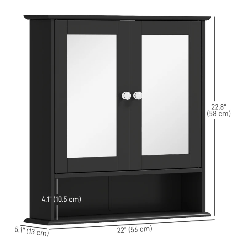 kleankin Medicine Cabinet, Wall-Mounted Medicine Cabinet with Mirror with Double Doors, Open Shelf, and Adjustable Shelf, Modern Bathroom Wall Cabinet, Black