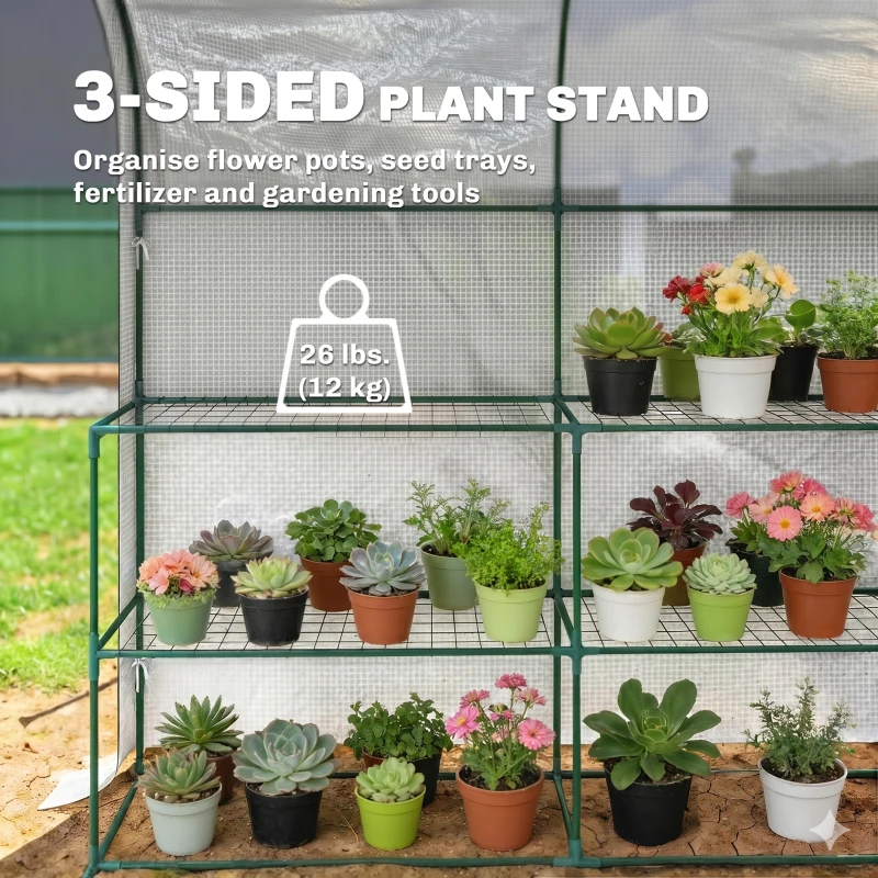 Outsunny Walk-in Mini Greenhouse with Shelves, Portable Outdoor Greenhouse with Roll-up Door, 48.4" x 73.6" x 74.4", White