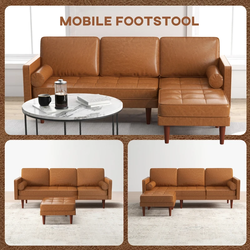 HOMCOM Faux Leather Sectional Sofa Couch L-Shaped Corner Sofa Set with Footstool and 2 Bolster Pillows, Brown