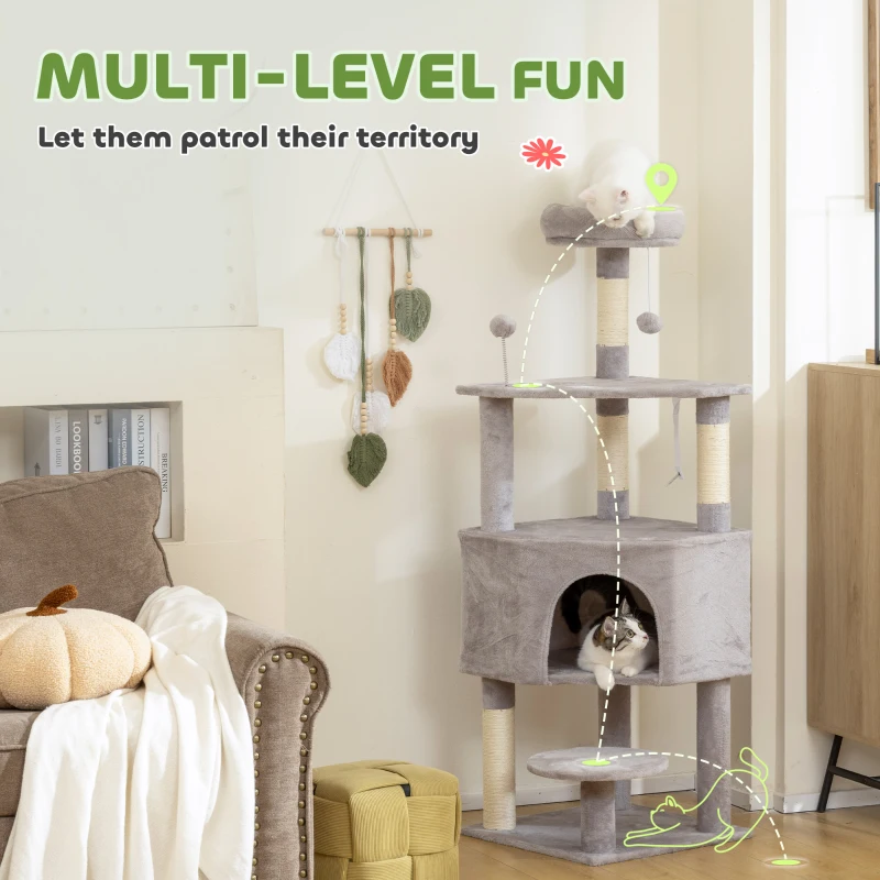 PawHut 54 Inch Cat Tree with Large Condo, Top Perch, Sisal Scratching Posts, Dangling Toy Ball,Light Grey