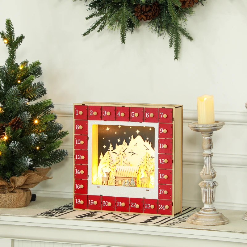 HOMCOM Wooden Christmas Advent Calendar, Light Up Holiday Decoration with 24 Countdown Drawers, Battery Operated