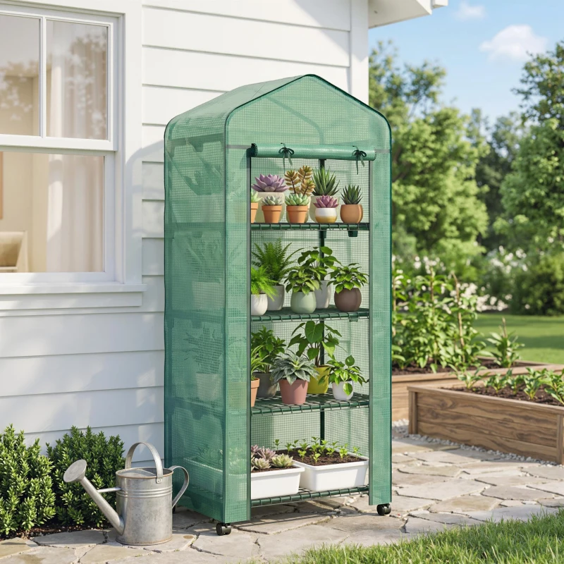 Outsunny Portable Greenhouse, Outdoor Hot House Plant Flower Greenhouse with 4 Tier Shelves, PE Cover, Green