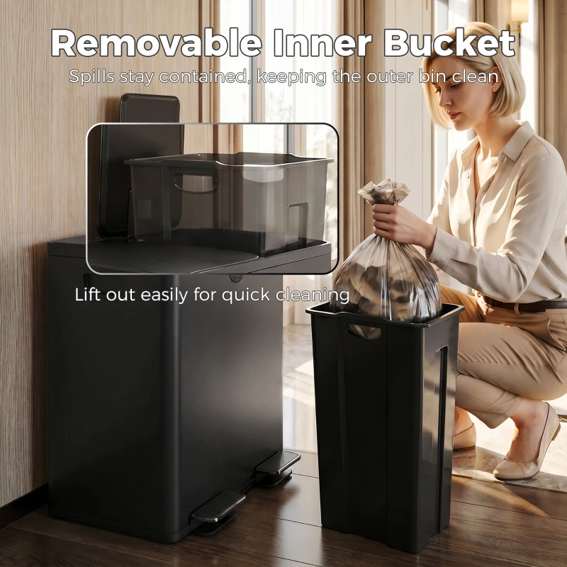 HOMCOM Garbage Bin, Soft-Close Trash Can with Foot Pedal, 2x5 Gallon (2x20 L) Garbage Can with Removable Inner Buckets, Black