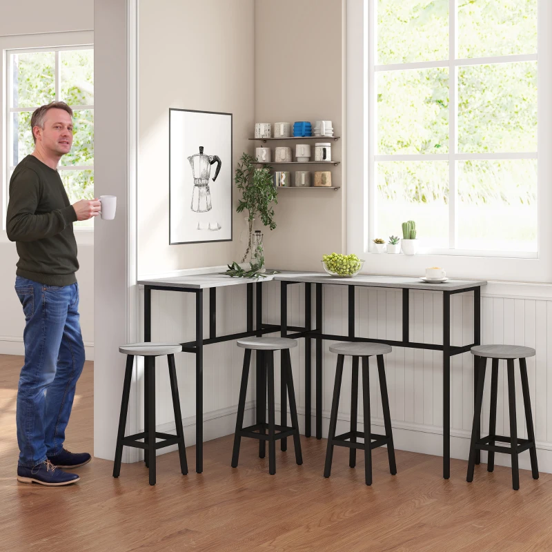 HOMCOM Bar Table Set of 6, Bar Table and Stools for 4, 2 Breakfast Tables and 4 Stools for Living Room, Dining Room, Grey