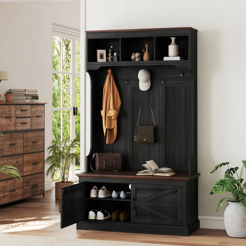 HOMCOM 3-in-1 Hall Tree with Bench, Coat Rack with Shoe Storage, Distressed Black