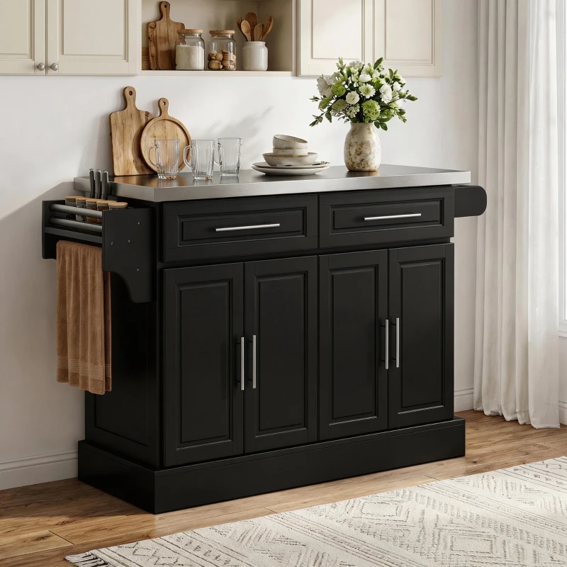 HOMCOM Rolling Kitchen Island with Storage and Stainless Steel Top, Kitchen Trolley with Drawers, Cabinets, Towel Rack