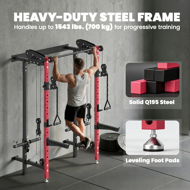 Soozier Foldable Power Cage, Space-Saving Power Rack with Pull-Up Bar, Cable Pulley System, 1540 lbs Capacity