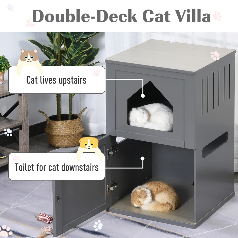 PawHut Double-Decker Cat Luxury Lower Level Litter Box and Upper Level House, Grey