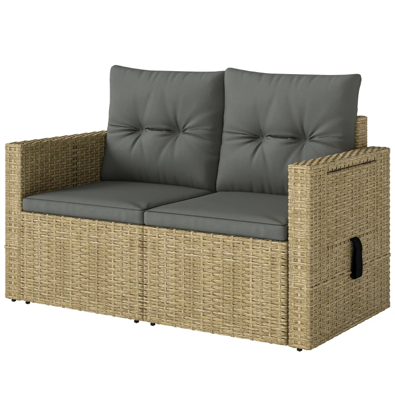 Outsunny Wicker Outdoor Sofa with Side Trays, Rattan Patio Loveseat with Cushions for Garden Balcony, Light Grey