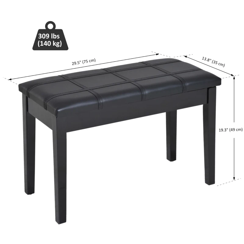 HOMCOM Classic Piano Bench Stool, PU Leather Padded Keyboard Seat with Rubber Wood Legs and Music Storage Compartment, Banded Seat, Black