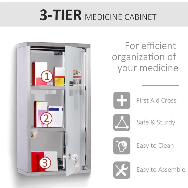 HOMCOM Wall Mount Medicine Cabinet Bathroom Cabinet with 2 Shelves, Stainless Steel Frame and Glass Door, Lockable with 2 Keys