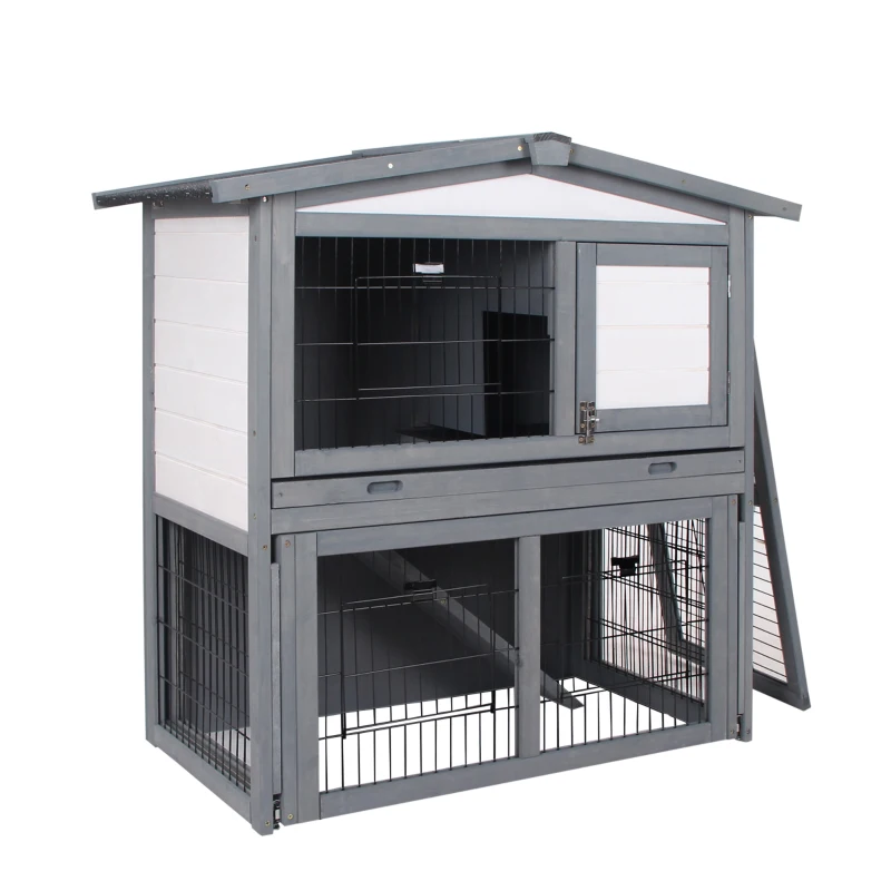 PawHut Wooden 2 Story Rabbit Hutch Bunny Cage with Slide-Out Run, Openable Roof, Lockable Doors, Ramp and No Leak Tray for Outdoor, Grey, and White