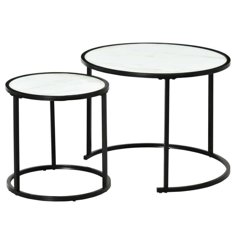 HOMCOM Round Nesting Coffee Table Set of 2, Stacking Modern Accent Tables with Faux Marble Tabletop and Metal Frame for Living Room, White